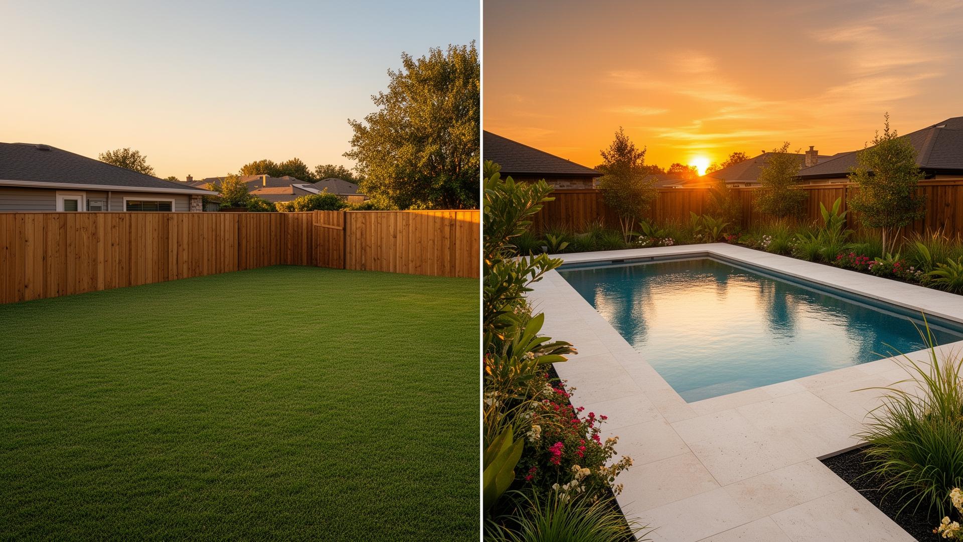 Backyard before and after AI transformation — empty lawn becomes a luxury pool