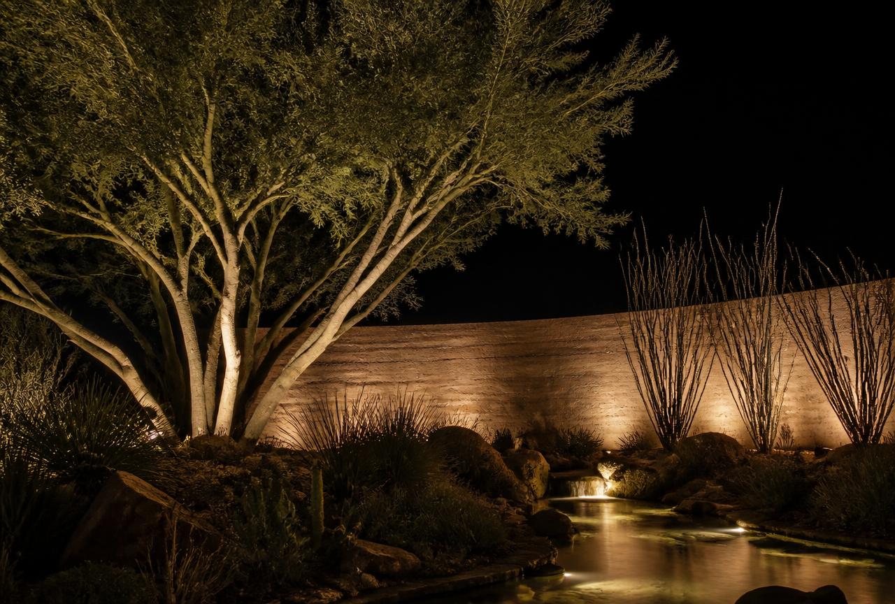 Arizona desert accent lighting at night: multi-trunk mesquite uplit from two angles, warm grazing light across a rammed-earth wall, and a lit water feature