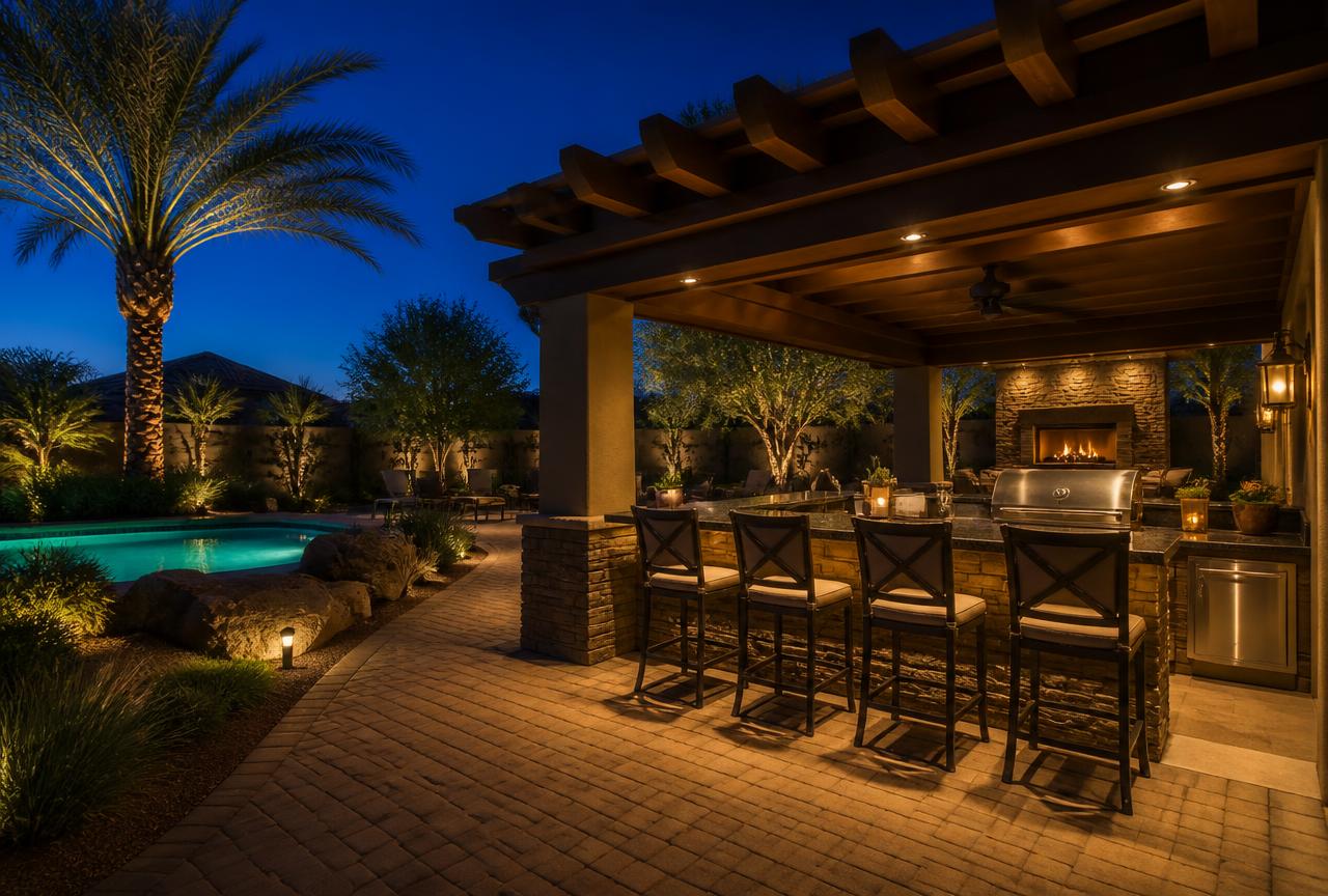 Arizona backyard at dusk with pergola downlights over an outdoor kitchen island, glowing pool water, paver patio, and uplit palm trees