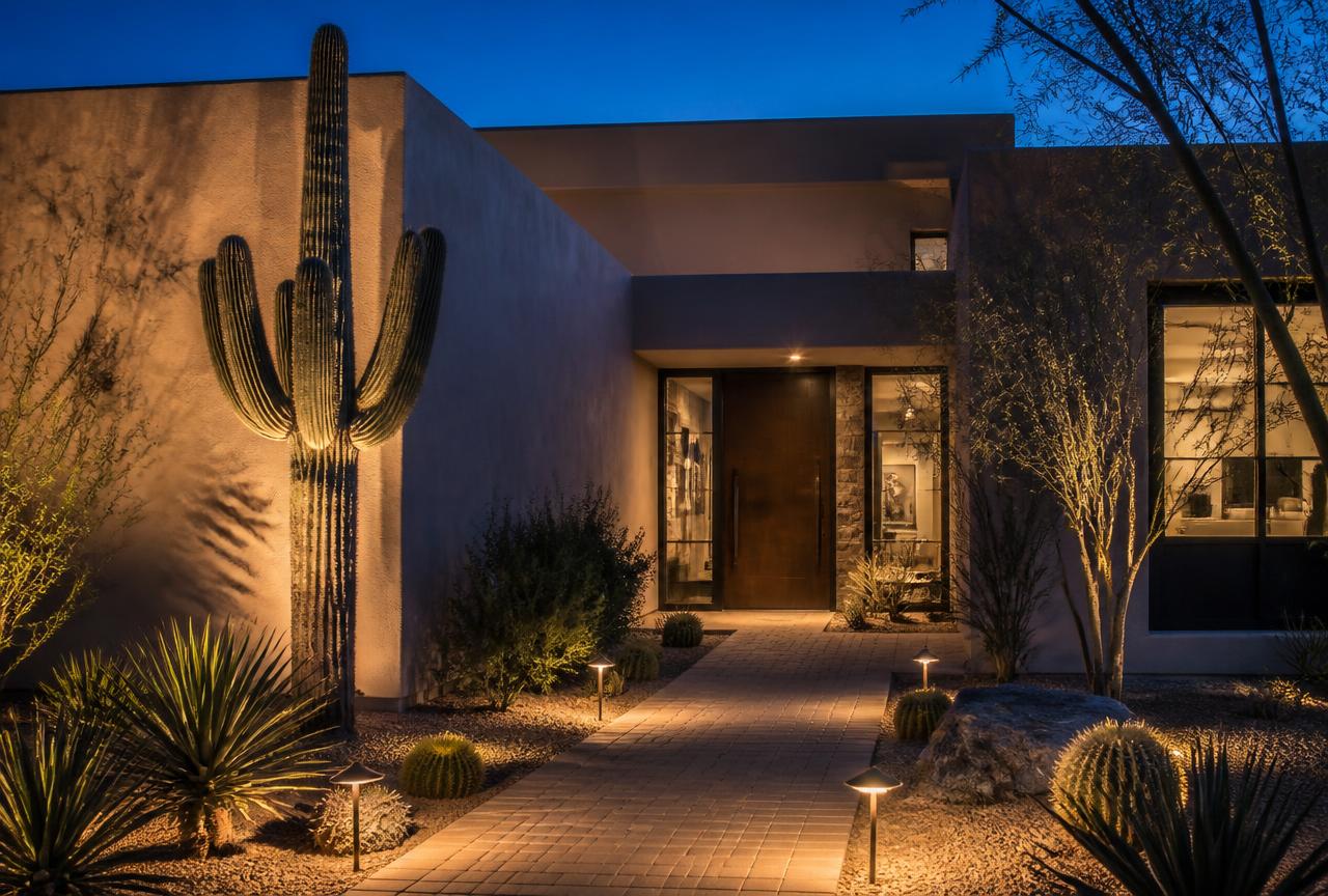 Arizona desert-contemporary front entry at dusk with warm uplights on a saguaro and stucco wall, a soft downlight at the door, and low path lights along a paver walkway