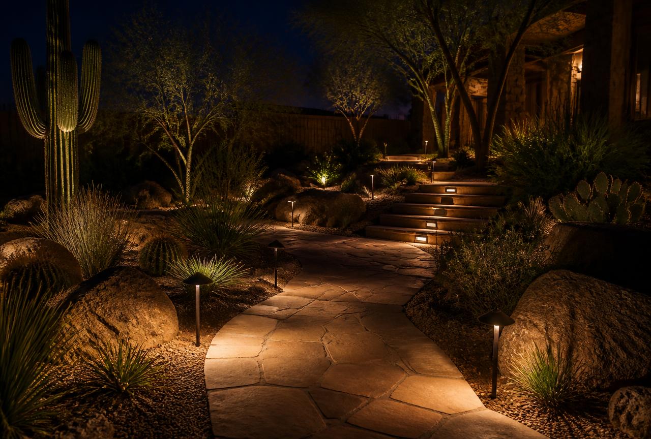 Arizona desert backyard at night with staggered warm path lights along a curving flagstone walkway and shielded step lights on a paver stairway